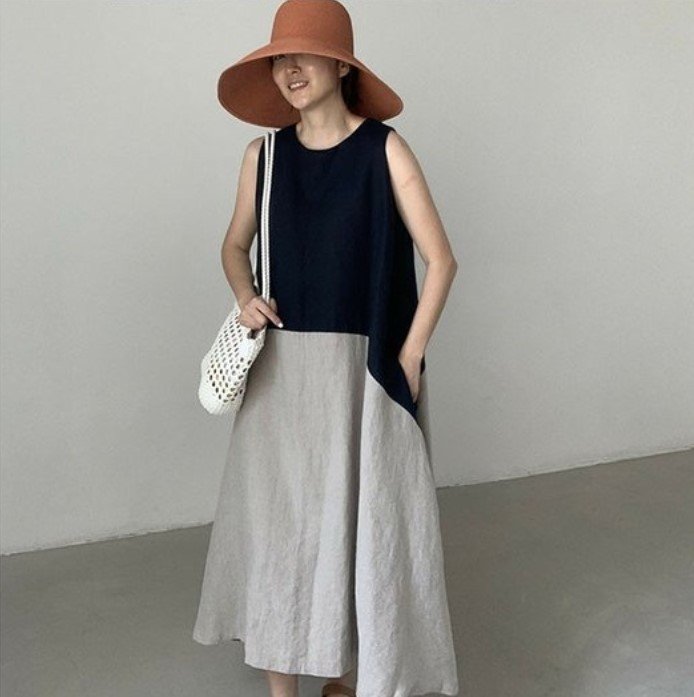 ドレス ノースリーブ 無地 春夏 袖なし 春 夏 膝上 ラウンドネック シンプル ロング シック