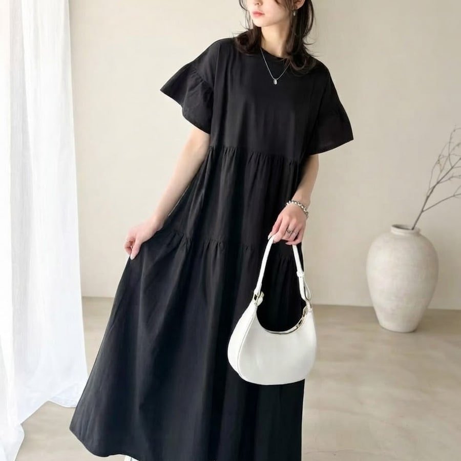 ドレス 長袖 春夏 カジュアル プリーツ 春 夏 ラウンドネック ロング フリル