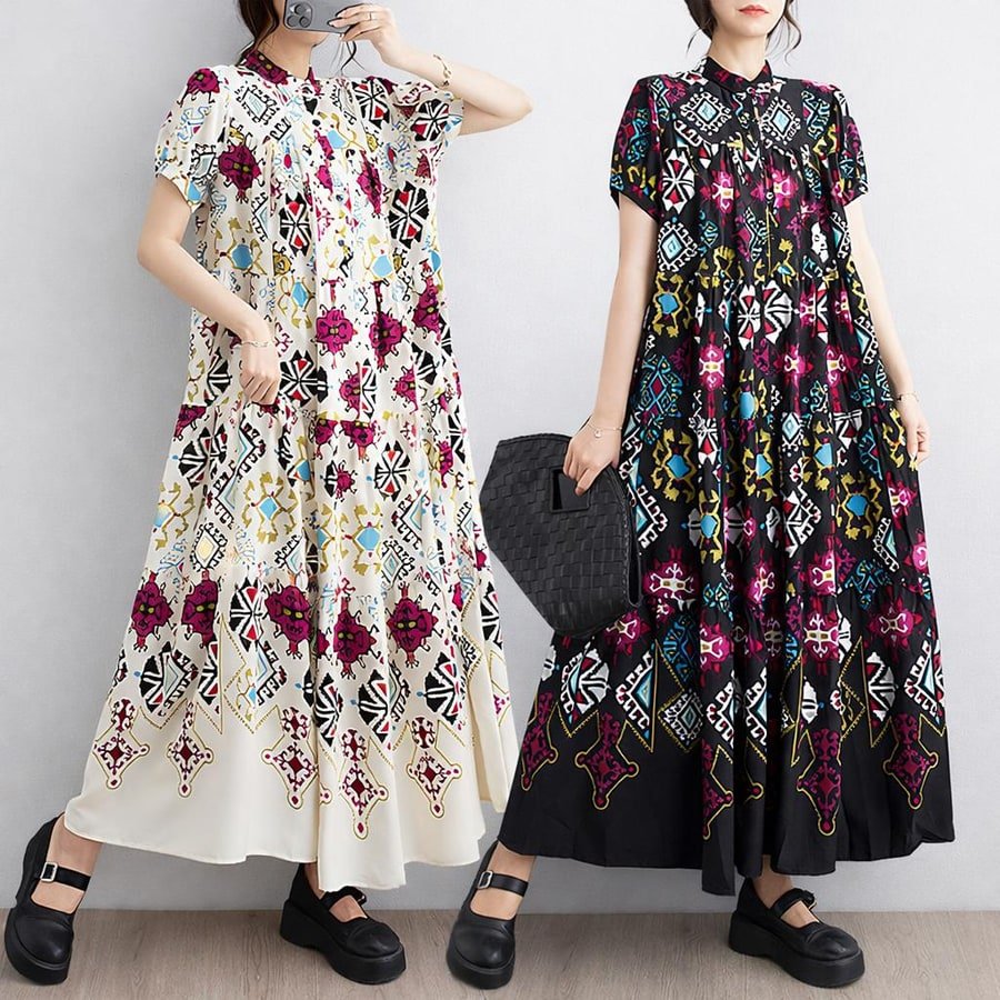ワンピース 半袖 夏 カジュアル 春夏 ラウンドネック 上品 大きい ポリエステル ゆったり