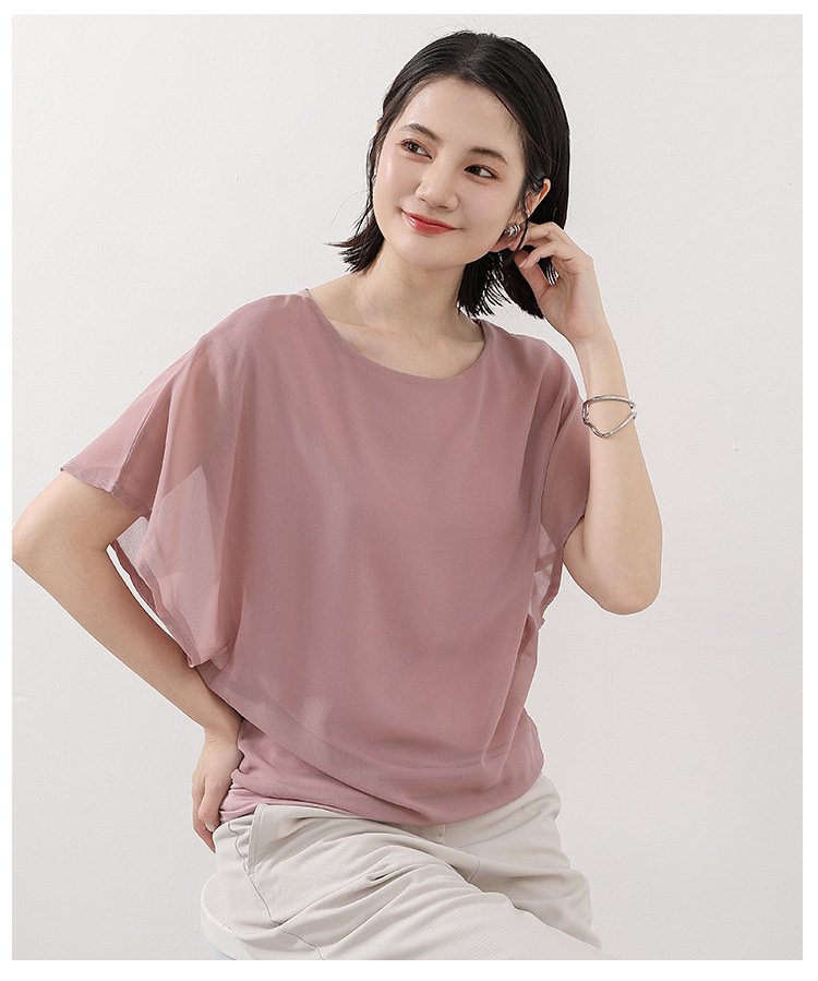 トップス Tシャツ 半袖 無地 ゆったり スリム 春夏 きれいめ 通勤 体型カバー 春 夏 ラウンドネック 上品 シフォン シャツ 薄手 丸襟 レギュラー ポリエステル