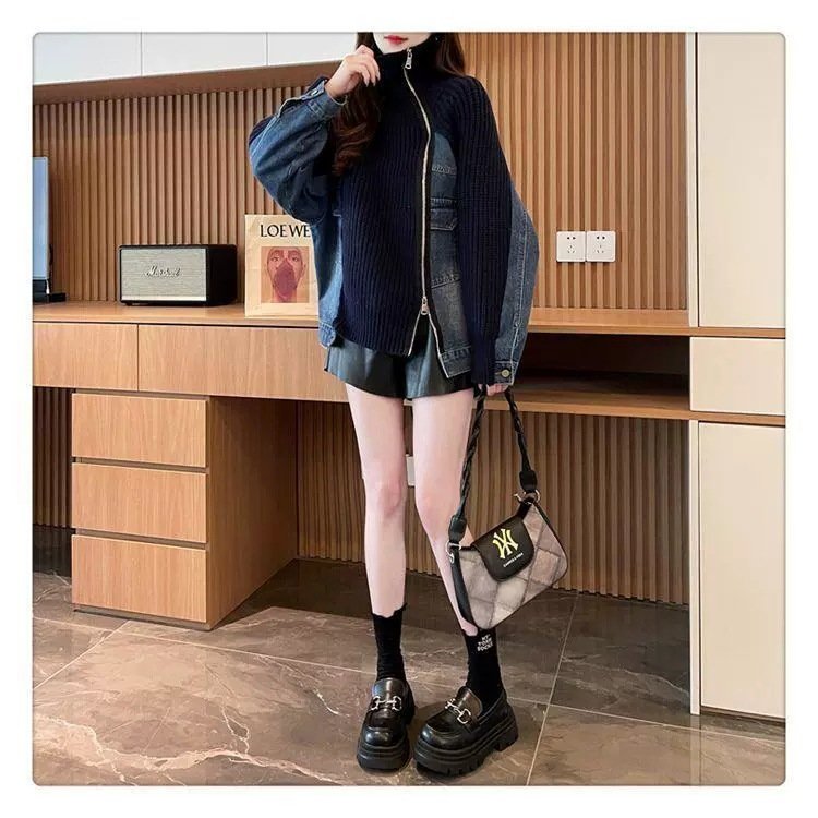 レディース ニット カーディガン コート 長袖 ゆったり デニム 秋 体型カバー 膝丈 セーター 襟付き ファスナー