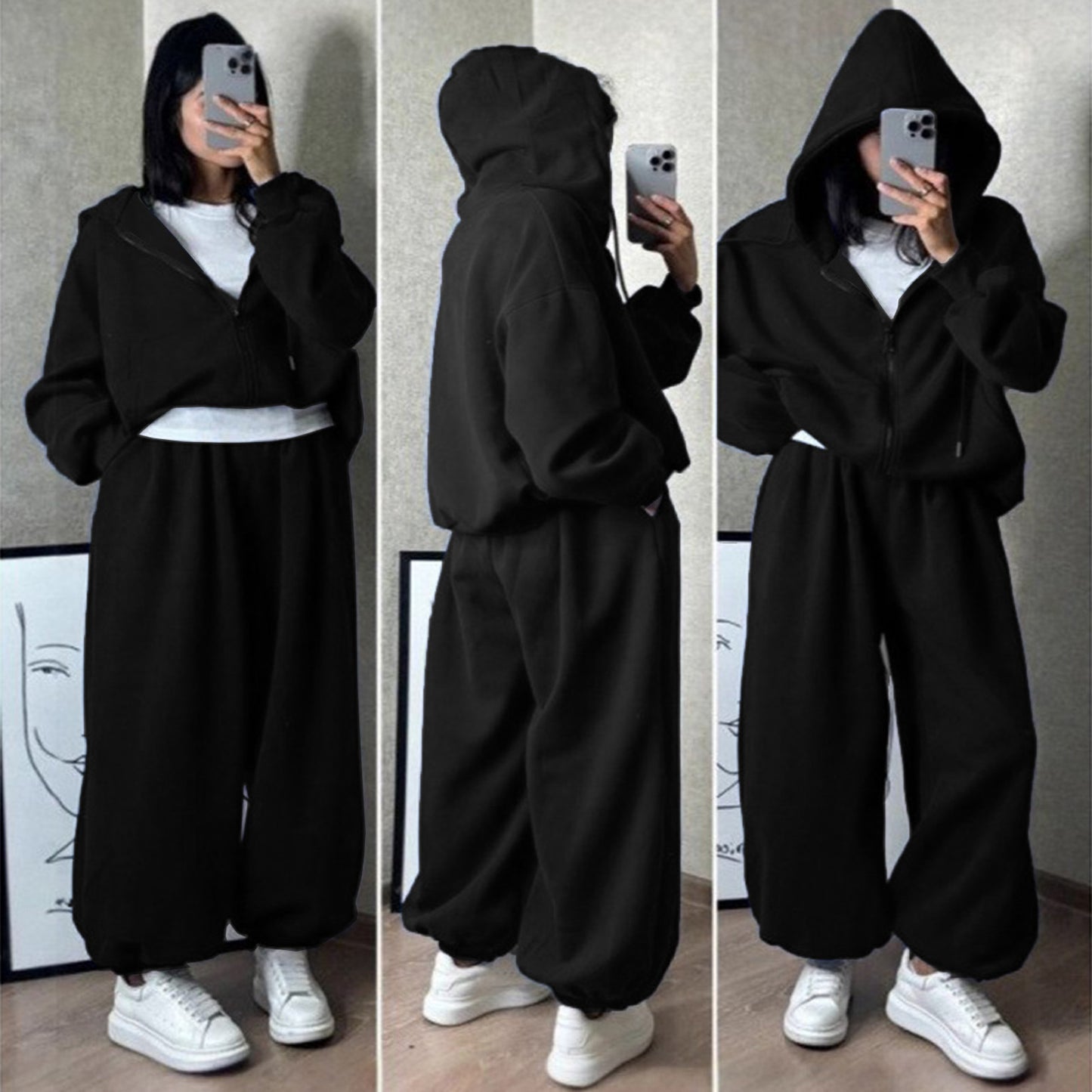 レディース トップス セーター パーカー セットアップ ジョガーパンツ ロング 長袖 ドロップショルダー フード ワイド オーバーサイズ ファスナー ポケット 前開き 大人可愛い おしゃれ かっこいい こなれ感 ラフ 個性的 主役級 存在感 無地 秋 冬 ロングシーズン ママ お出かけ 旅行 ジム 公園 女子会 韓国 オルチャン 楽ちん 体型カバー 普段使い インスタ映え S M L XL 2XL 3XL 大きいサイズ ゆったり ゆる 黒 ブラック グレー ワインレッド ネイビー