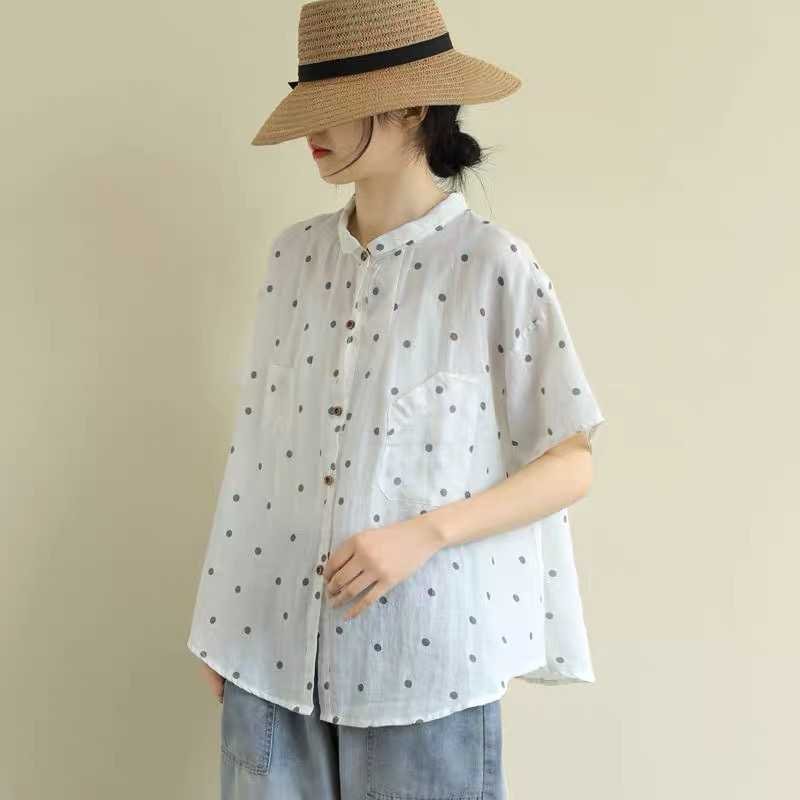 レディース シャツ トップス 半袖 ドット柄 ゆったり コットン 綿 リネン 春夏 体型カバー 大きいサイズ 前開き 春 夏 ボタン ポリエステル ドット