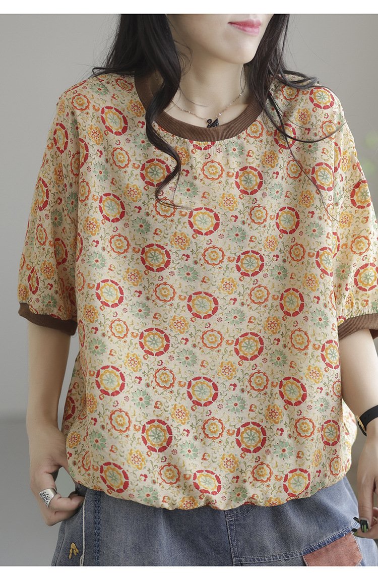 Tシャツ 半袖 プリント 麻 夏 レトロ 春夏 ラウンドネック シャツ レギュラー