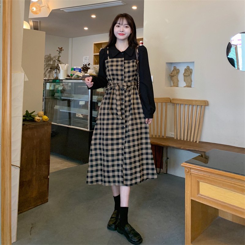 ワンピース 長袖 チェック柄 春 秋 レトロ 春夏 ぽっちゃり 襟付き