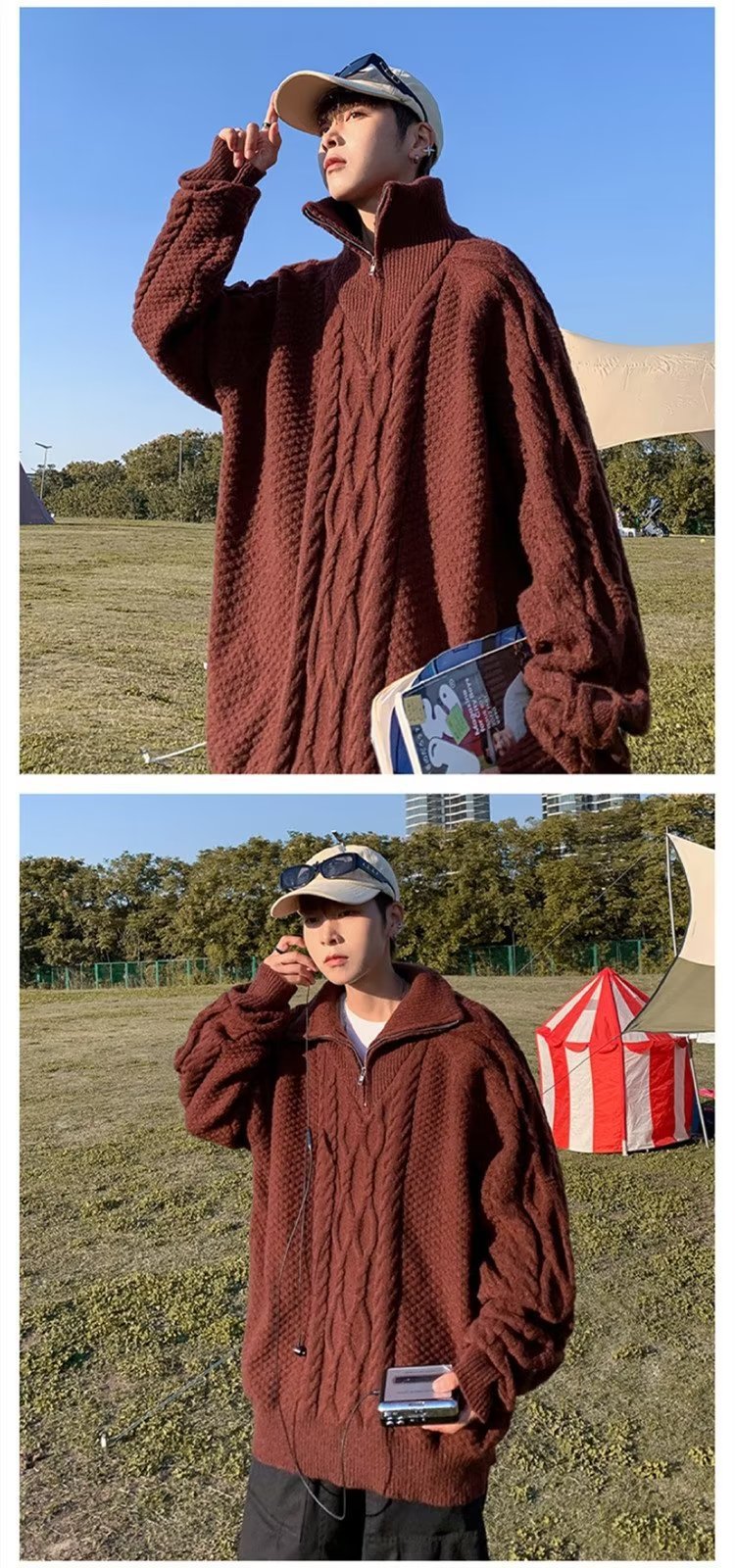 ニット ジャケット 長袖 ゆったり コットン 綿 麻 冬 体型カバー タートルネック セーター ハーフ ヴィンテージ