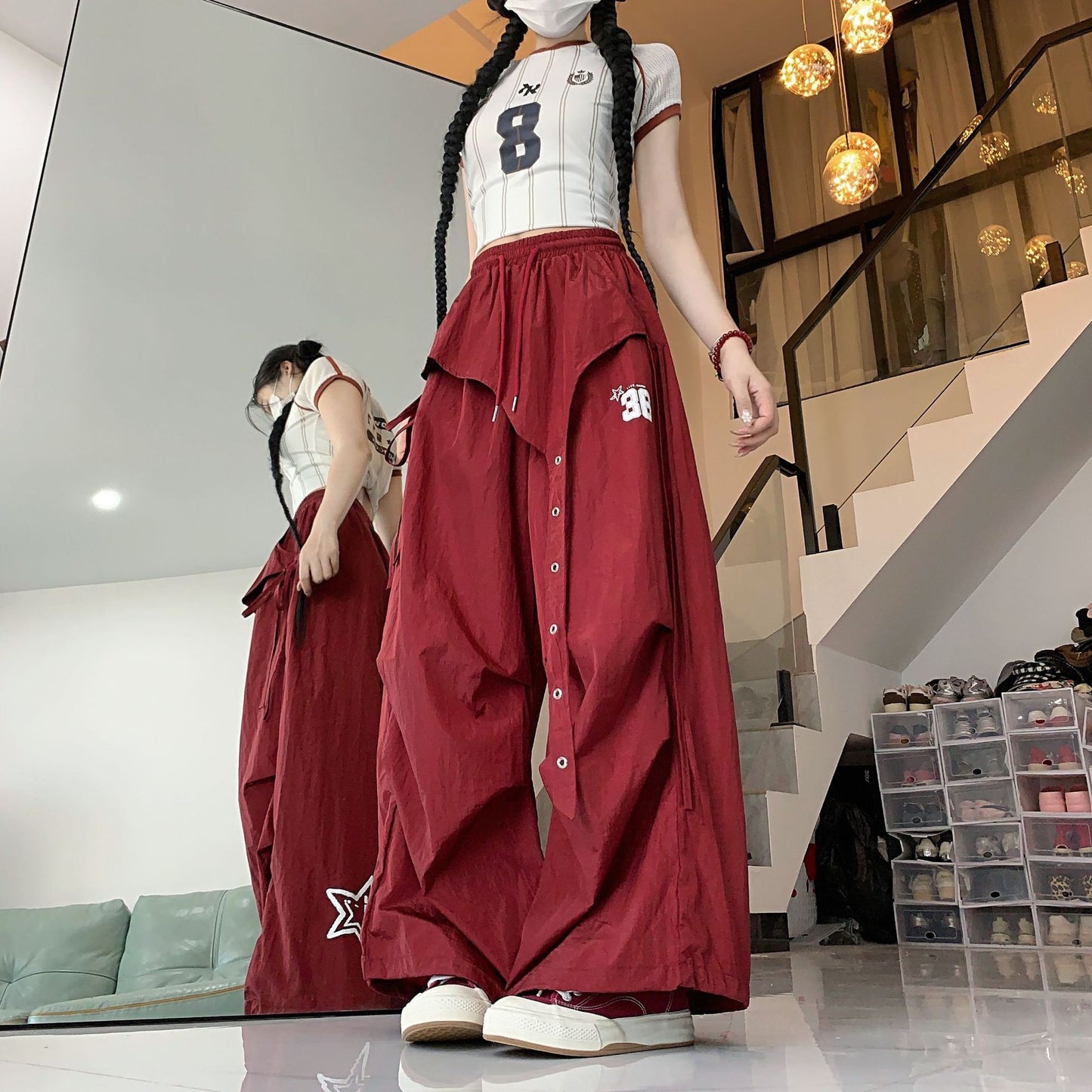 バルーンパンツ レディース パンツ ボトムス ワイドパンツ 丈長 ロング ワイド 裾ワイド ストリート ポケット ハイウエスト ドロスト カジュアル おしゃれ かっこいい メンズライク ボーイッシュ ルーズ クール ロゴ 春 夏 ママ 学生 学校 通学 部活 お出かけ アウトドア 旅行 ジム 公園 休日 韓国 オルチャン コーデ 楽ちん 体型カバー 普段使い 着回し XS S M L 小さいサイズ ブラック レッド ベーシックカラー