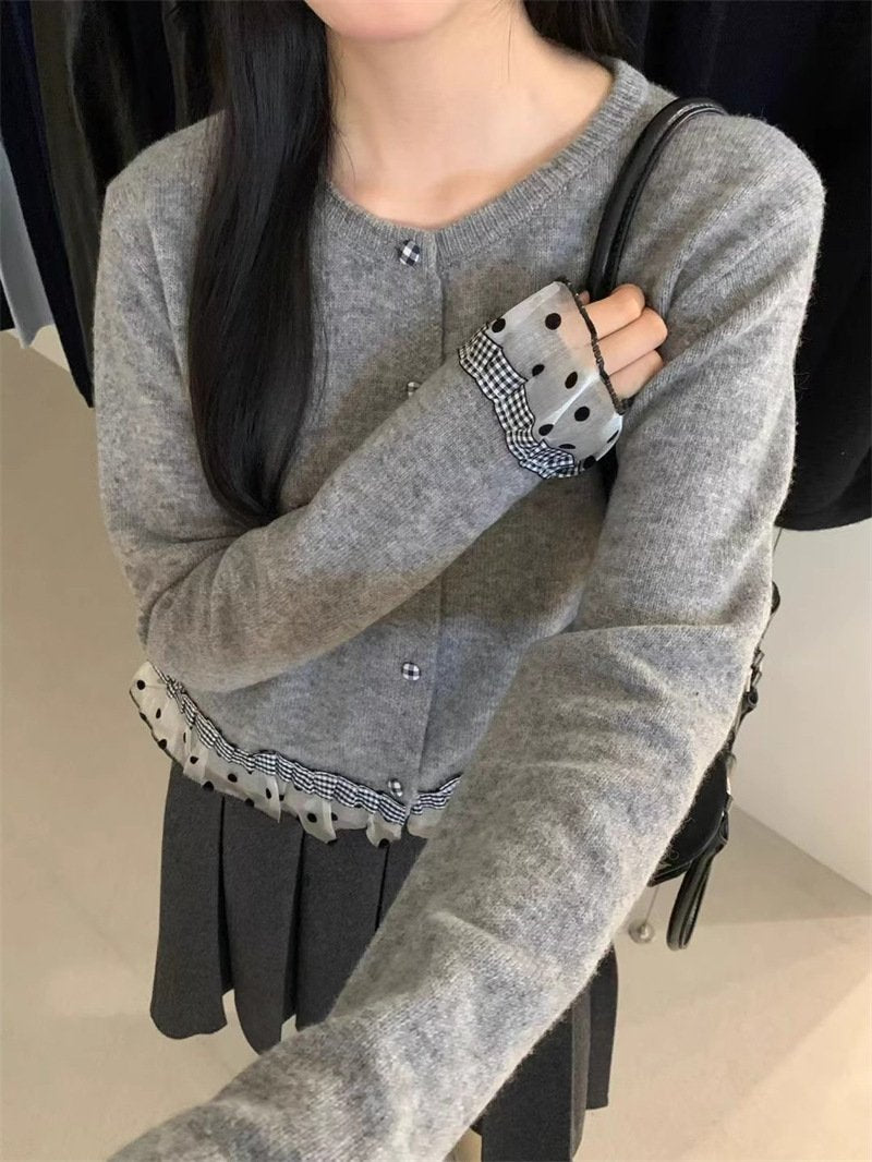 トップス ニット カーディガン 長袖 秋冬 秋 カジュアル ミニ ショート 膝丈 ラウンドネック レース 冬 切り替えデザイン セーター フェミニン ボタン