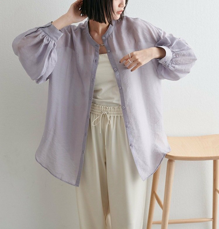 シャツ 長袖 春夏 きれいめ 前開き Vネック 春 夏 上品 薄手 タイ シアー アウター ポリエステル 柔らかい