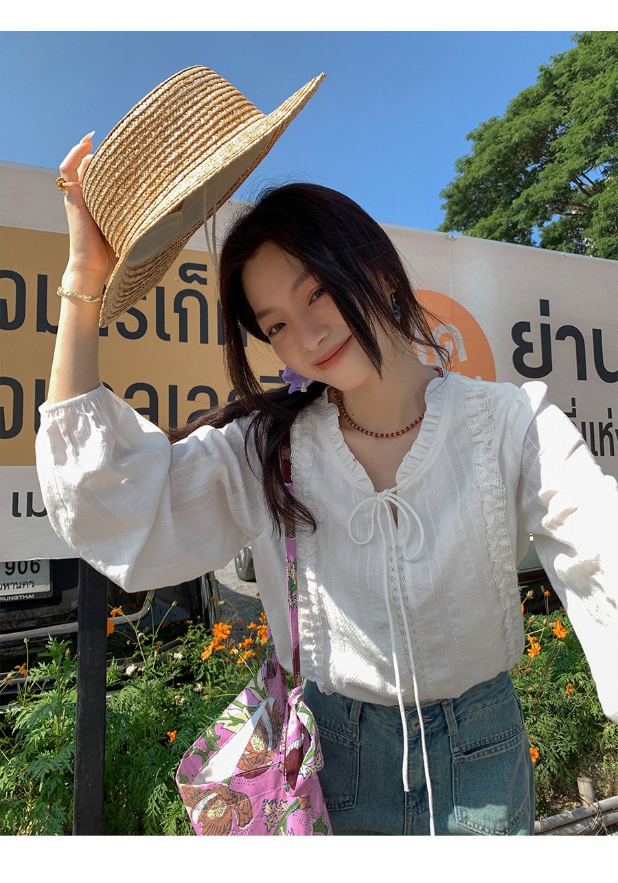 レディース ブラウス シャツ 長袖 無地 コットン 綿 春夏 きれいめ 通勤 オフィス 前開き 春 白 夏 秋 レース シンプル 上品 プルオーバー レースアップ レギュラー 白シャツ