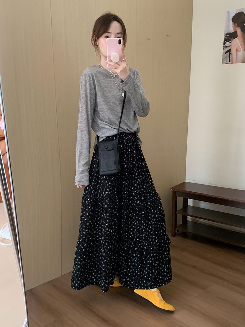 レディース スカート 花柄 スリム 春夏 ボトムス 春 夏 ブラック ロング Aライン ハイウエスト タイ