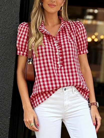 レディース シャツ 半袖 チェック柄 ゆったり コットン 綿 春夏 体型カバー 前開き 春 夏 フリル パフスリーブ 海 レギュラー ボタン