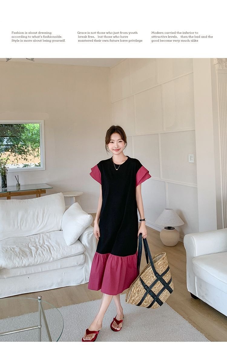ワンピース ドレス 半袖 無地 春夏 きれいめ 通勤 春 夏 ラウンドネック シンプル ロング タイト 大きい フレア フレンチスリーブ 切り替えデザイン 細身 Aライン