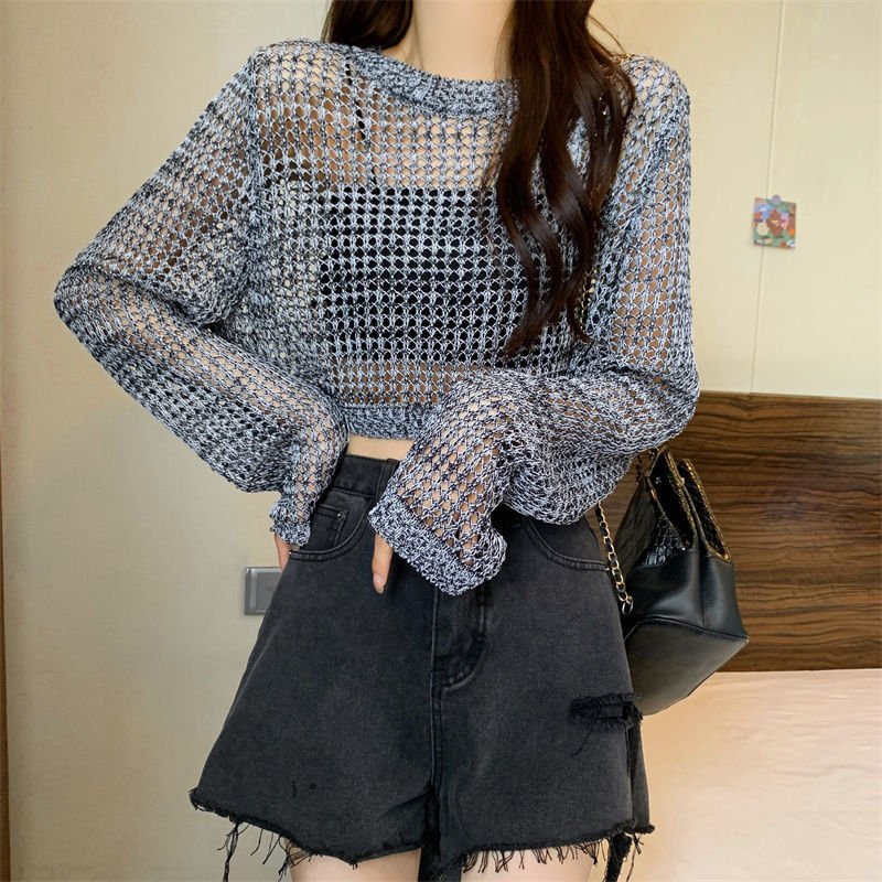 レディース ブラウス ニット 長袖 無地 ゆったり 春夏 前開き 春 ショート 夏 ラウンドネック シンプル 薄手 切り替えデザイン セーター ポリエステル