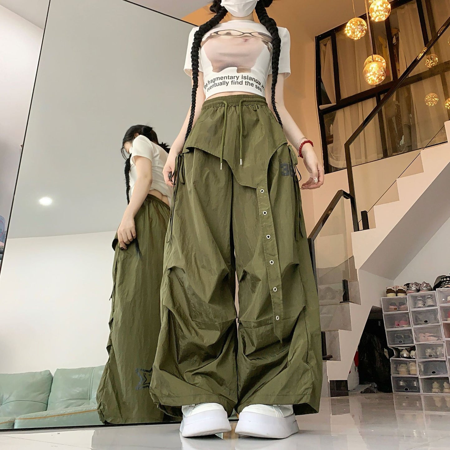 バルーンパンツ レディース パンツ ボトムス ワイドパンツ 丈長 ロング ワイド 裾ワイド ストリート ポケット ハイウエスト ドロスト カジュアル おしゃれ かっこいい メンズライク ボーイッシュ ルーズ クール ロゴ 春 夏 ママ 学生 学校 通学 部活 お出かけ アウトドア 旅行 ジム 公園 休日 韓国 オルチャン コーデ 楽ちん 体型カバー 普段使い 着回し XS S M L 小さいサイズ ブラック レッド ベーシックカラー