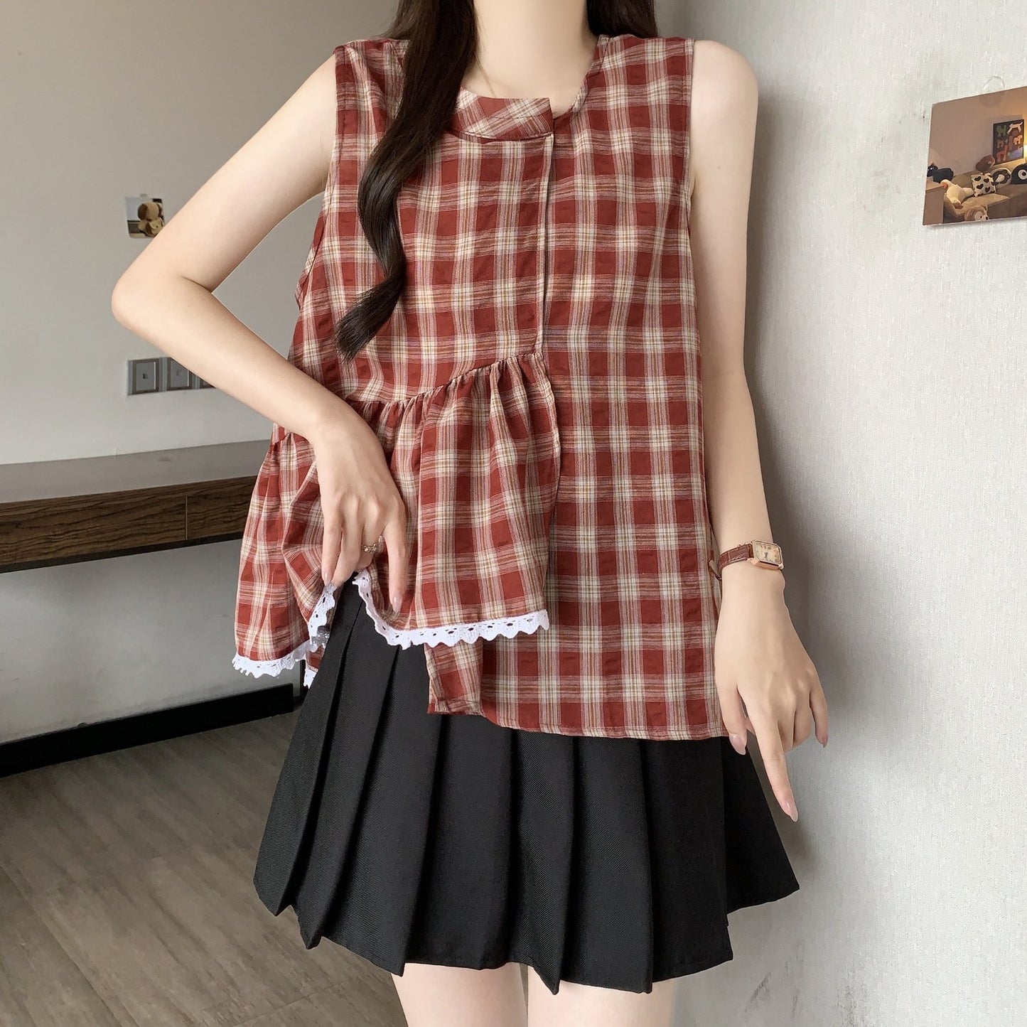 レディース シャツ チェック柄 春夏 きれいめ 大きいサイズ 前開き 春 夏 レース 上品 フリル Aライン レギュラー ポリエステル