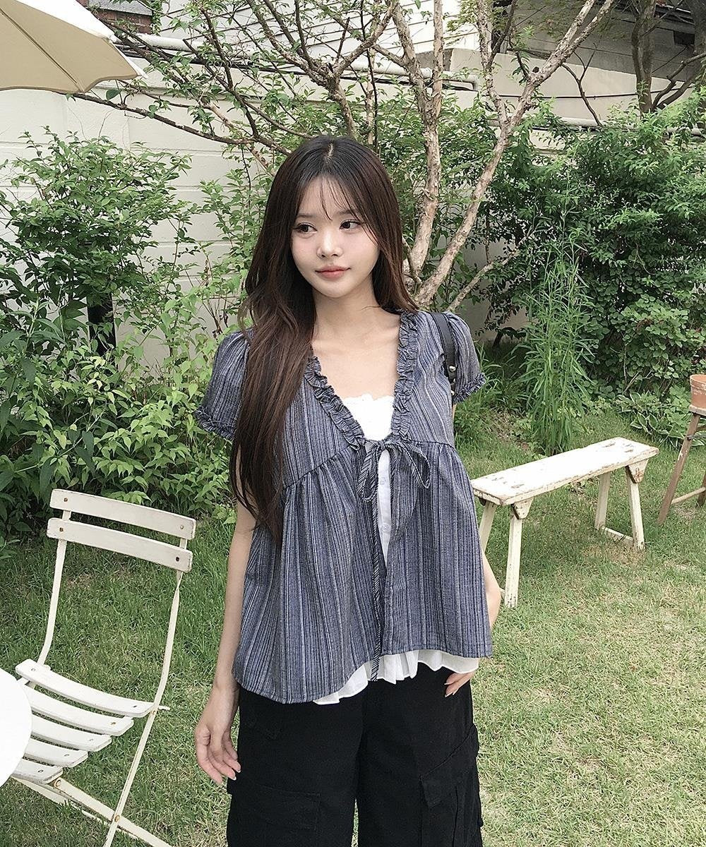 レディース シャツ トップス 半袖 ボーダー ストライプ 無地 ゆったり 春夏 きれいめ 体型カバー 韓国風 前開き Vネック 春 夏 シンプル 上品 リボン 切り替えデザイン プルオーバー レギュラー ポリエステル