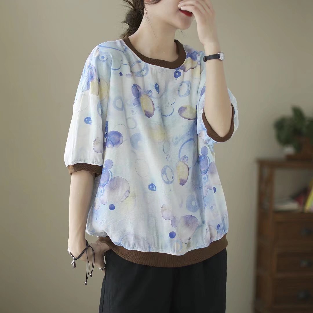 Tシャツ 半袖 プリント 麻 夏 レトロ 春夏 ラウンドネック シャツ レギュラー