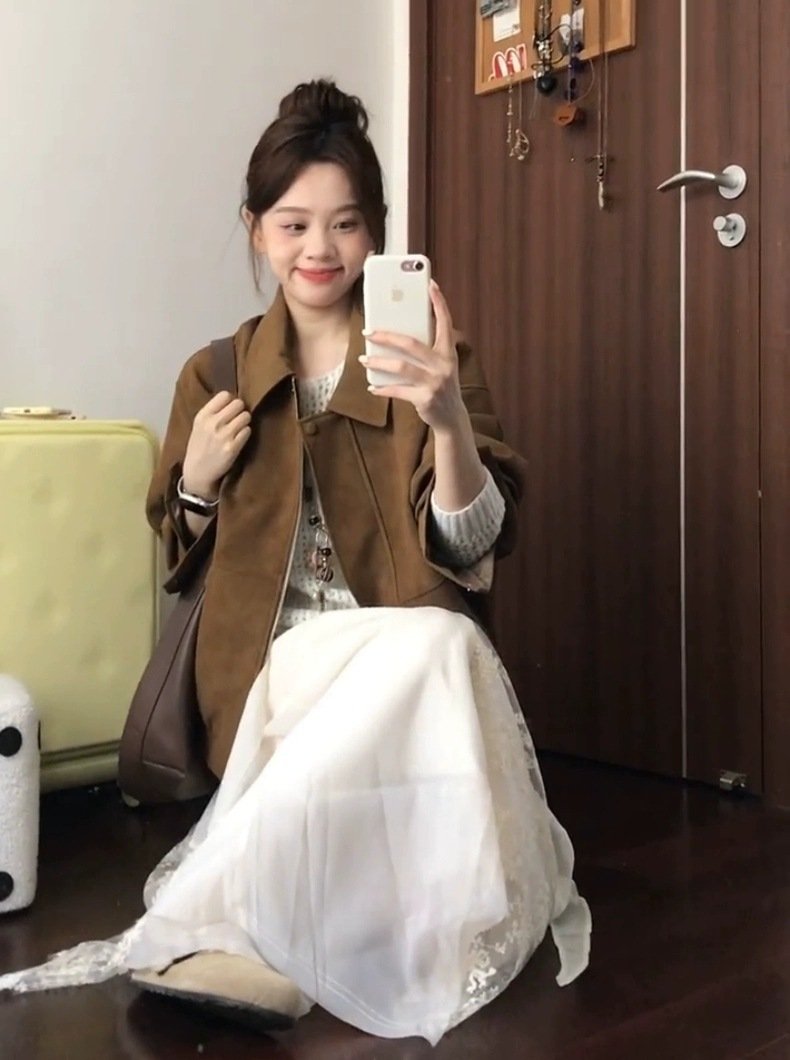 ジャケット 長袖 ゆったり 春夏 カジュアル 体型カバー 春 夏 膝丈 ブラウン 厚手 襟付き ヴィンテージ