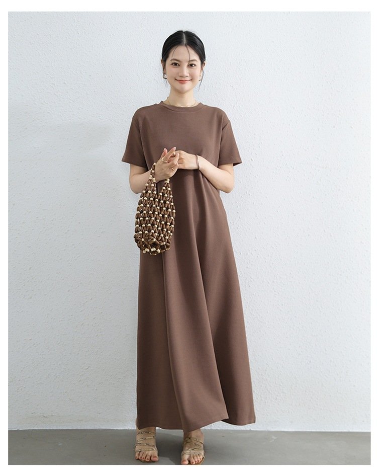 ワンピース 半袖 春夏 春 夏 ラウンドネック ロング Aライン ポリエステル