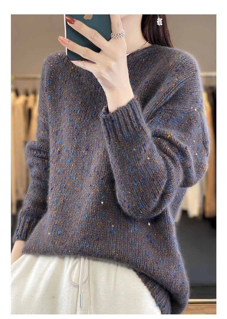 レディース トップス ニット 長袖 ゆったり 秋冬 秋 きれいめ 通勤 体型カバー 大きいサイズ 膝丈 ラウンドネック 冬 ウール セーター プルオーバー スパンコール インナー ポリエステル