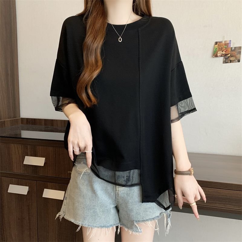 レディース Tシャツ 半袖 ゆったり 春夏 カジュアル 春 夏 ラウンドネック シャツ 切り替えデザイン ステッチ レギュラー