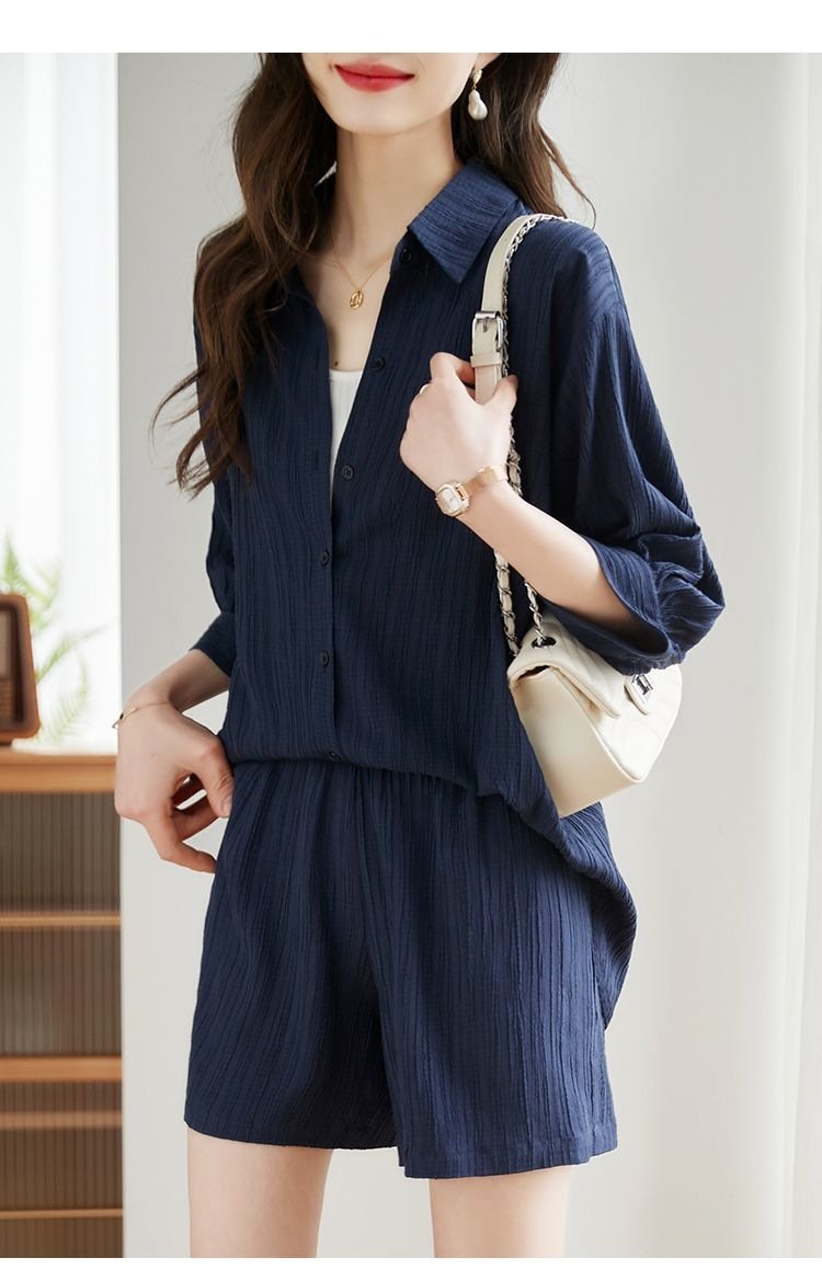シャツ パンツ 長袖 無地 春夏 カジュアル きれいめ 通勤 前開き 春 ショート 夏 ショートパンツ シンプル 切り替えデザイン セットアップ ポリエステル