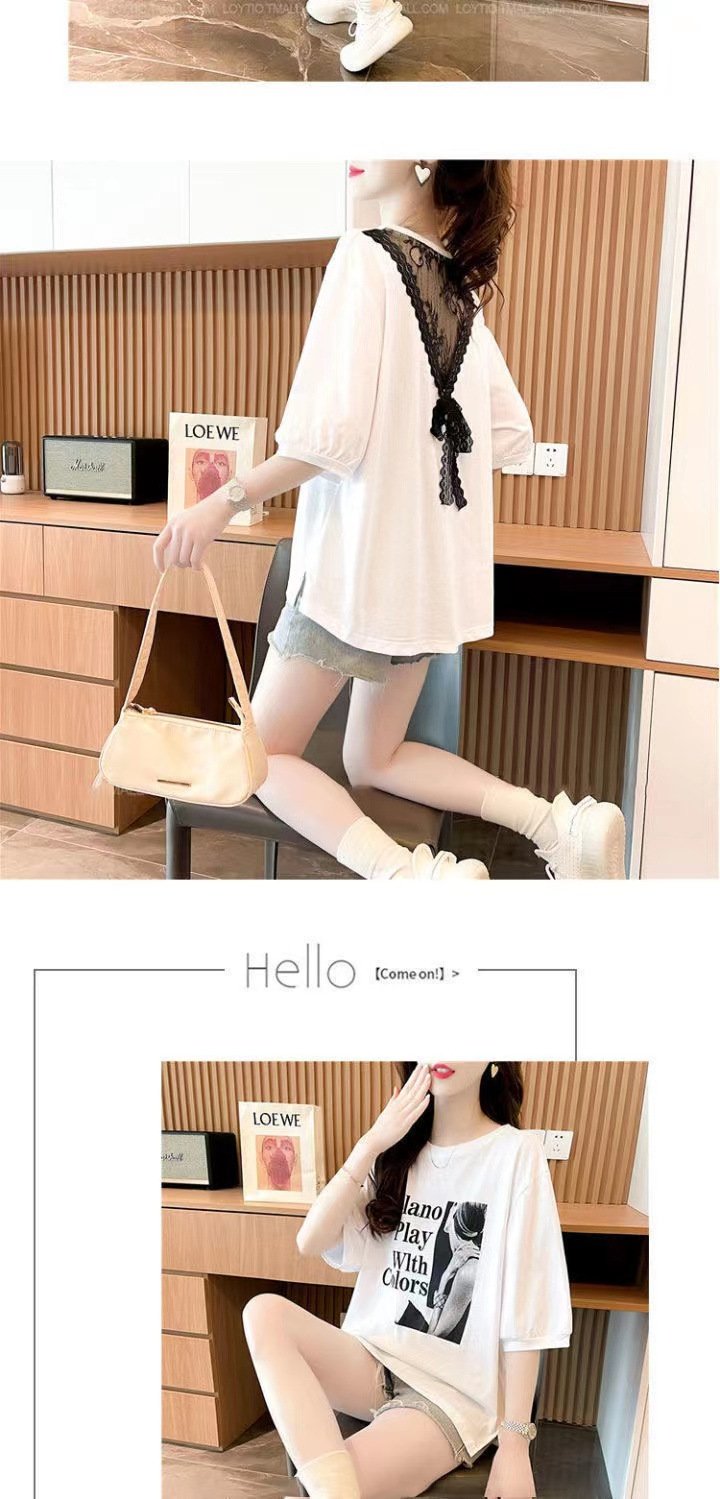 Tシャツ 半袖 ゆったり コットン 綿 春夏 カジュアル 春 夏 ラウンドネック レース ミモレ シャツ ステッチ シースルー
