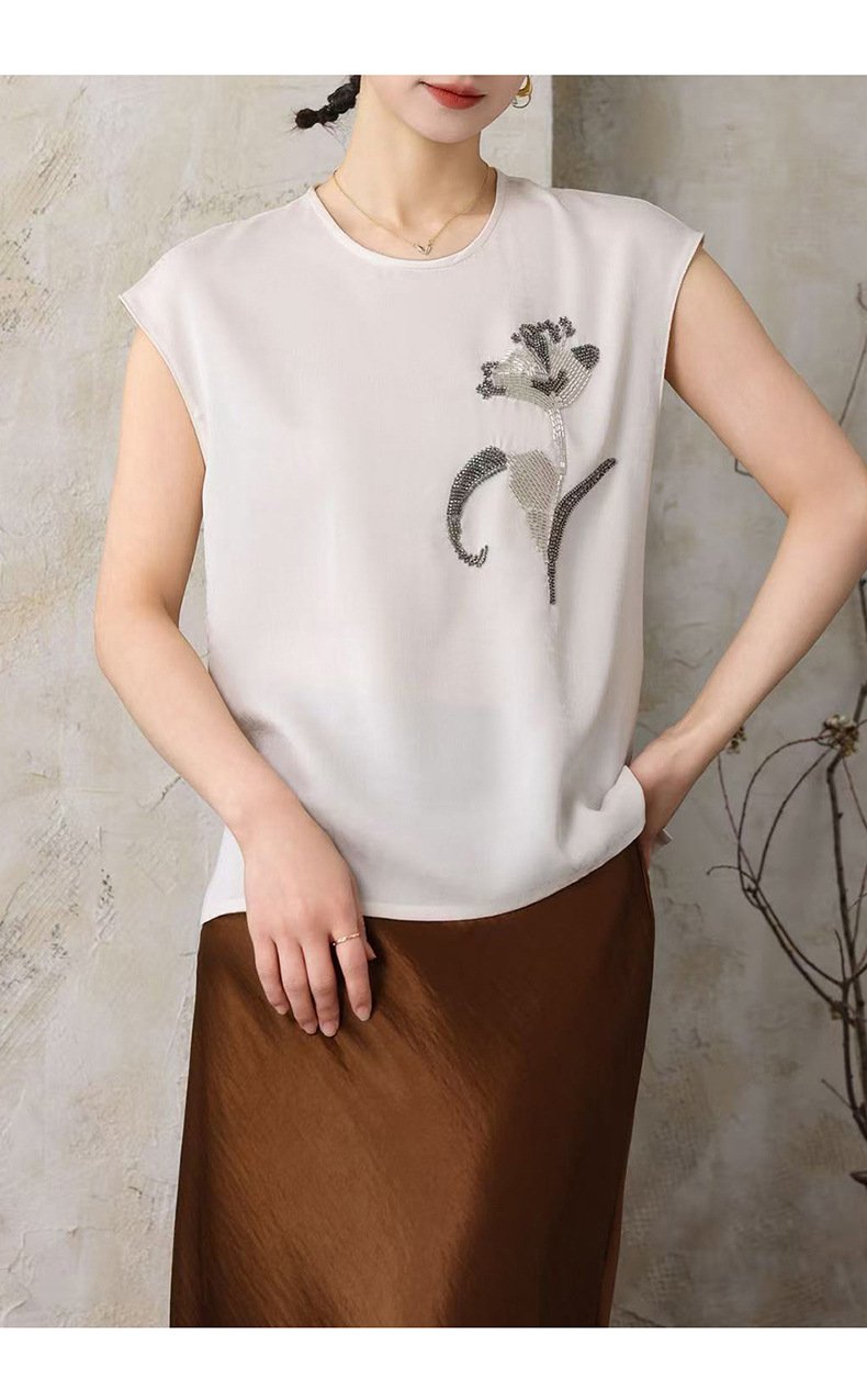 レディース シャツ トップス Tシャツ ノースリーブ ゆったり スリム 春夏 前開き 袖なし 春 夏 膝丈 ラウンドネック 切り替えデザイン ポリエステル レディースシャツ