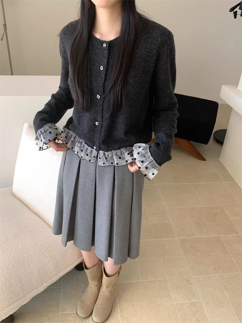 トップス ニット カーディガン 長袖 秋冬 秋 カジュアル ミニ ショート 膝丈 ラウンドネック レース 冬 切り替えデザイン セーター フェミニン ボタン
