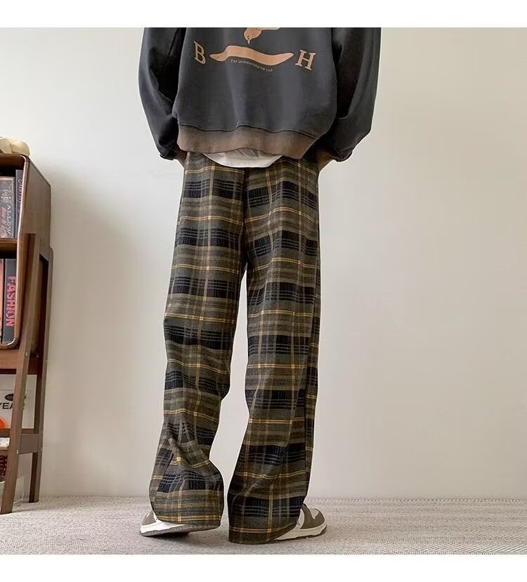 パンツ チェック柄 ワイド 春 秋冬 カジュアル 秋 冬 ストレート ヴィンテージ ポリエステル