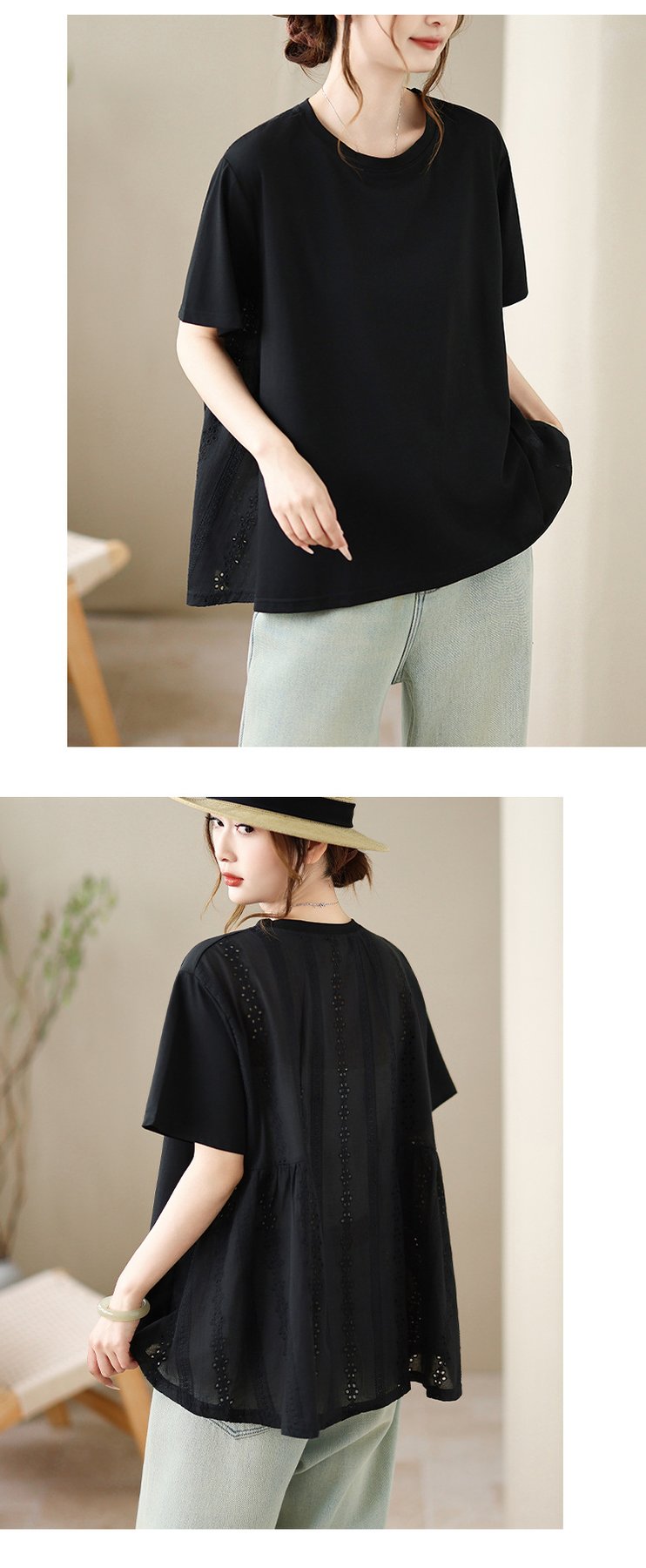シャツ トップス 半袖 ゆったり コットン 綿 春夏 体型カバー 大きいサイズ 前開き 春 ショート 夏 レース 切り替えデザイン プルオーバー レギュラー 丸首