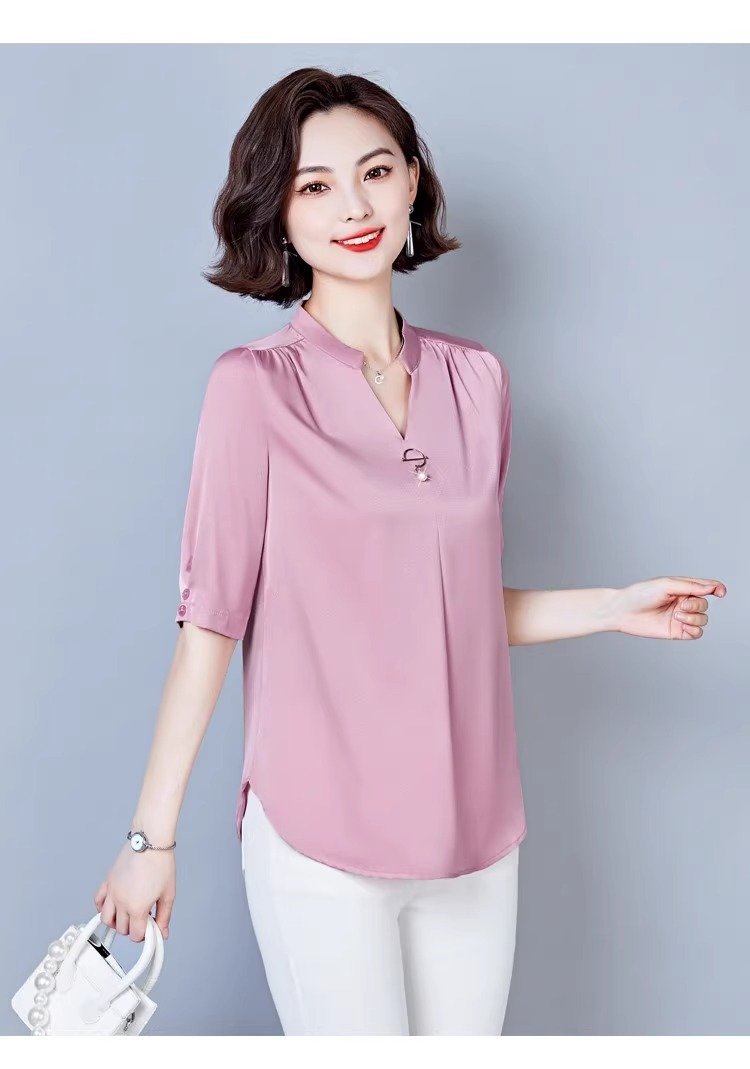 レディース シャツ トップス 無地 ゆったり 春夏 大きいサイズ おしゃれ 夏服 前開き Vネック 春 夏 膝丈 シンプル ママ ポリエステル