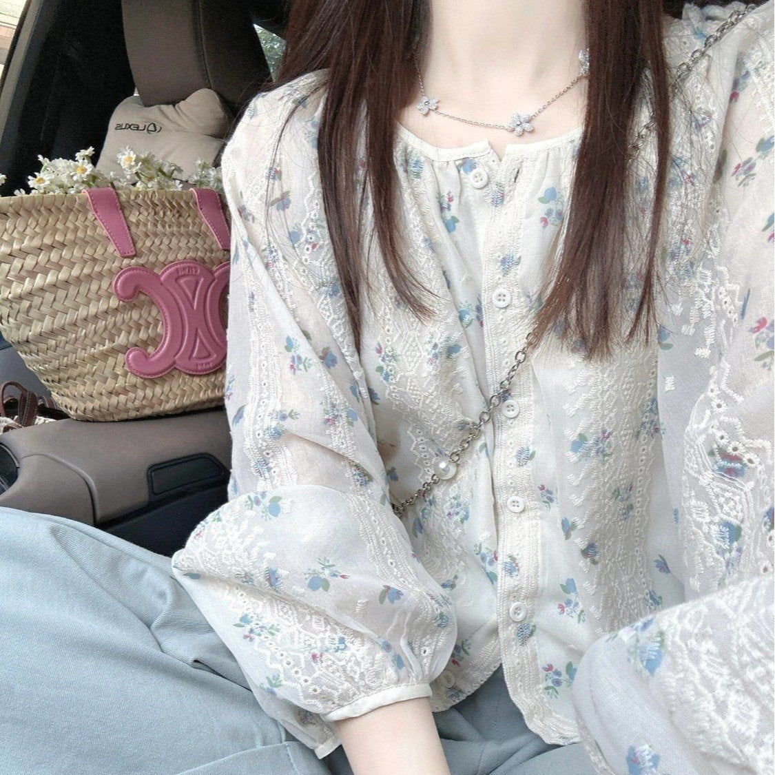 レディース ブラウス シャツ 長袖 花柄 ゆったり 春夏 きれいめ 体型カバー 前開き 春 夏 ラウンドネック フラワー シンプル 上品 シフォン シフォンブラウス レギュラー ボタン ポリエステル