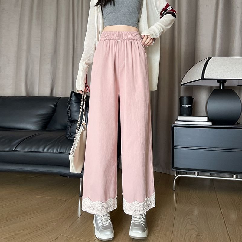 レディース パンツ ゆったり ワイド 春夏 カジュアル 春 夏 レース ストレートパンツ ストレート おしゃれ ハイウエスト ポリエステル 着痩せ