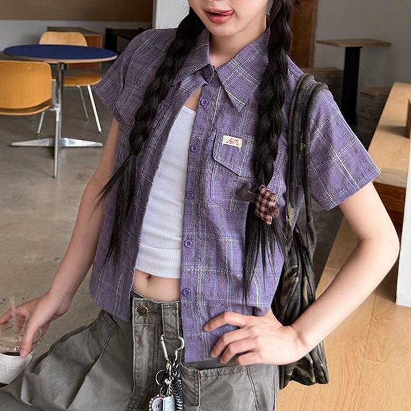 シャツ トップス 半袖 チェック柄 アニマル柄 春夏 カジュアル アメリカン レトロ 前開き ミニ 春 ショート 夏 ロング 切り替えデザイン オープンショルダー 襟付き ポケット フェミニン ボタン