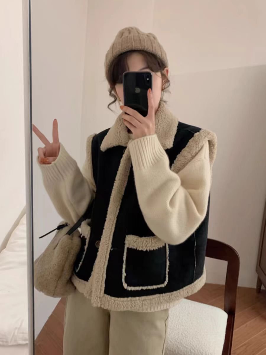 レディース ベスト コート ノースリーブ 無地 ゆったり 秋冬 秋 きれいめ 袖なし ショート 膝丈 シンプル 冬 黒 上品 ファー ウール アウター ポリエステル
