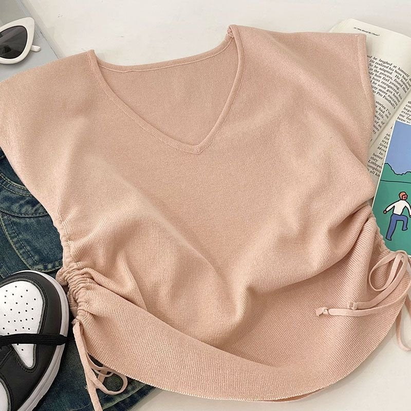 レディース トップス Tシャツ ニット 半袖 ボーダー ストライプ 春夏 カジュアル Vネック 春 ショート 夏 タイト 細身 シャツ プルオーバー 個性的 タイ ポリエステル 着痩せ