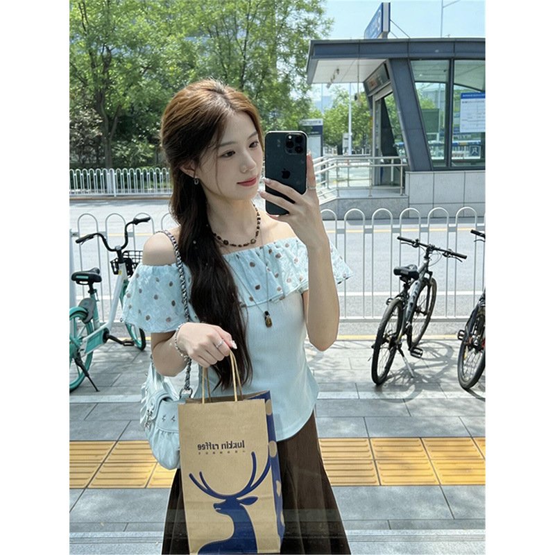 レディース ブラウス シャツ トップス 半袖 スリム 春夏 カジュアル 前開き 春 ショート 夏 フリル 切り替えデザイン オフショルダー グリーン Tシャツ ドット