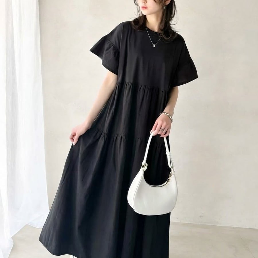 ワンピース 長袖 春夏 カジュアル プリーツ 春 夏 ラウンドネック ロング フリル ミディアム丈
