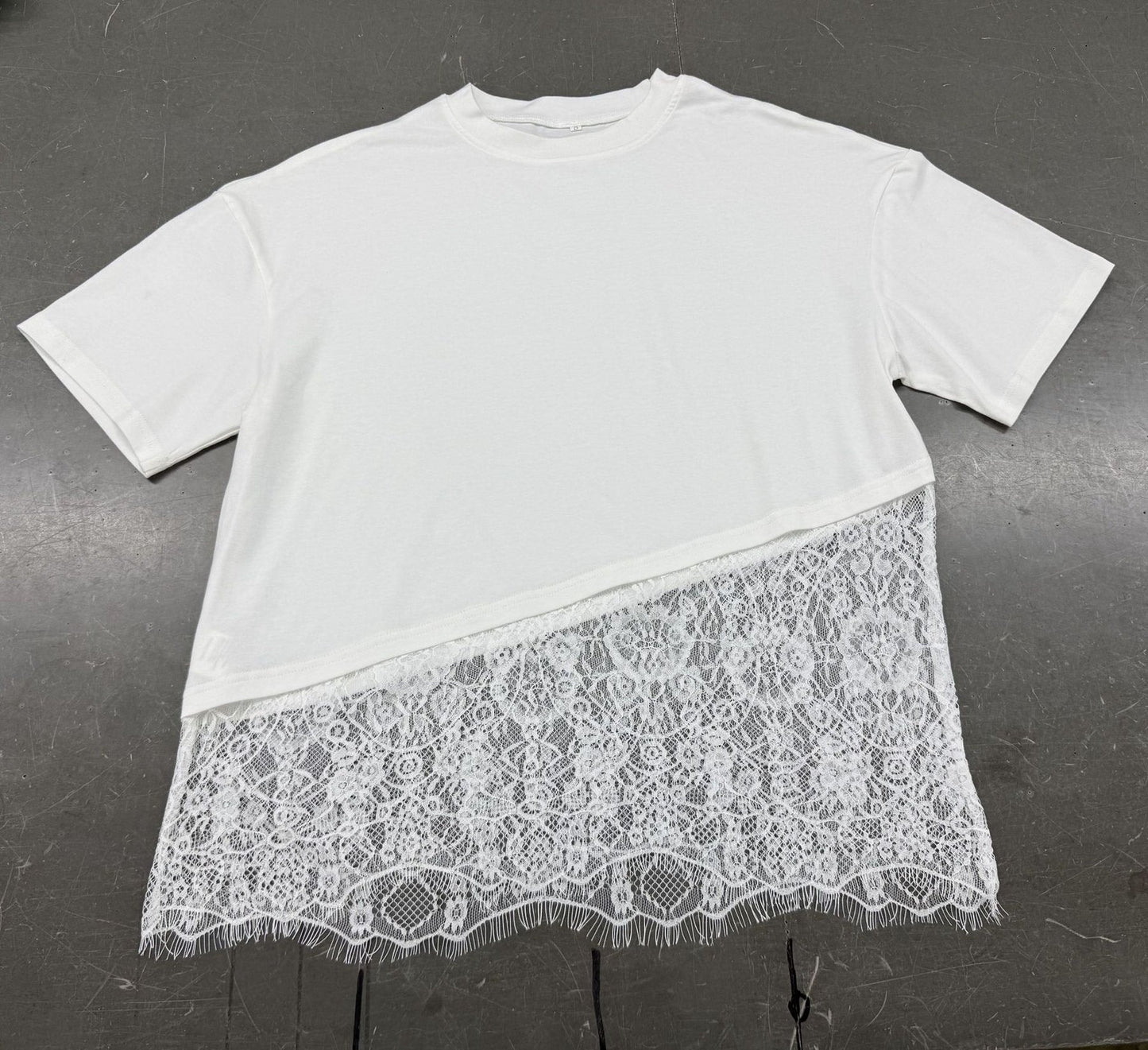 レディース Tシャツ 半袖 ボーダー ストライプ ゆったり 春夏 春 夏 ラウンドネック レース シャツ 切り替えデザイン レギュラー 丸首