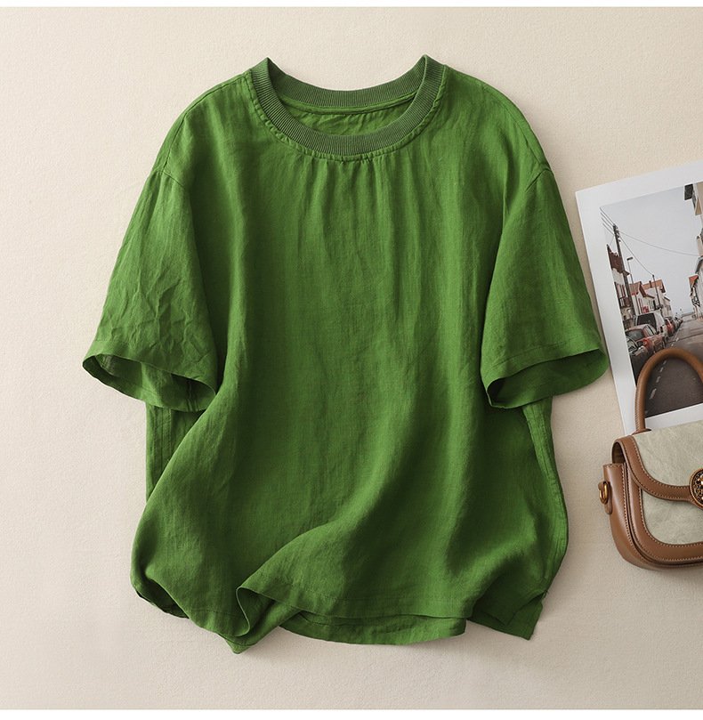 レディース トップス Tシャツ 半袖 無地 ゆったり 春夏 カジュアル レトロ 春 夏 ラウンドネック シンプル シャツ 切り替えデザイン プルオーバー リブ レギュラー ポリエステル
