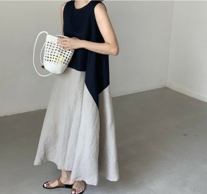 ドレス ノースリーブ 無地 春夏 袖なし 春 夏 膝上 ラウンドネック シンプル ロング シック