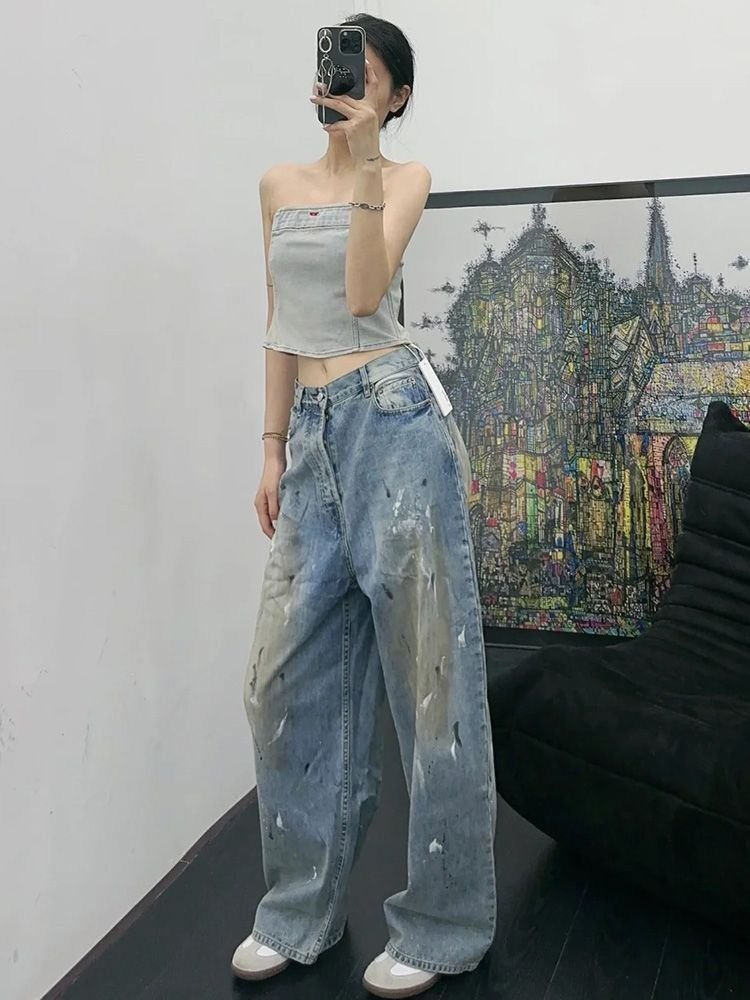 レディース パンツ ゆったり コットン 綿 デニム 春夏 カジュアル アメリカン 春 夏 ロング ストレート ラフ デニムパンツ ダメージ