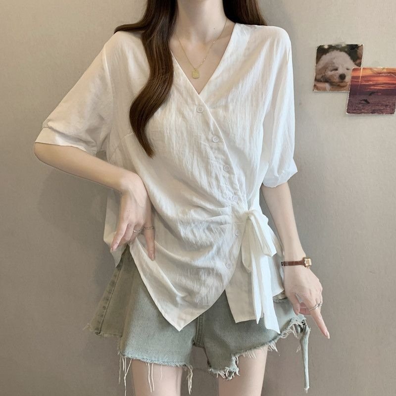 レディース シャツ トップス Tシャツ 半袖 無地 スリム 春夏 きれいめ 通勤 大きいサイズ 前開き Vネック 春 夏 シンプル リボン 個性的 レギュラー ボタン ポリエステル