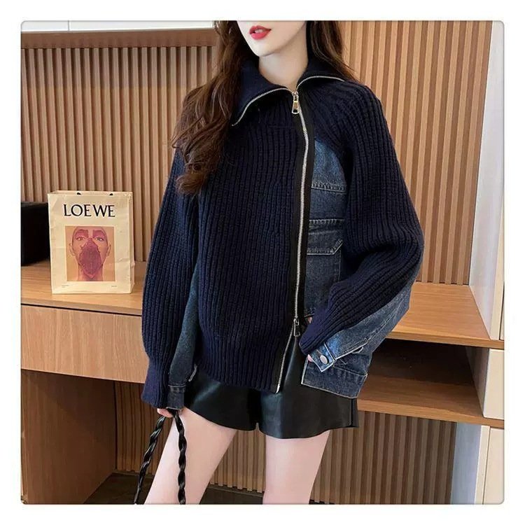 レディース ニット カーディガン コート 長袖 ゆったり デニム 秋 体型カバー 膝丈 セーター 襟付き ファスナー