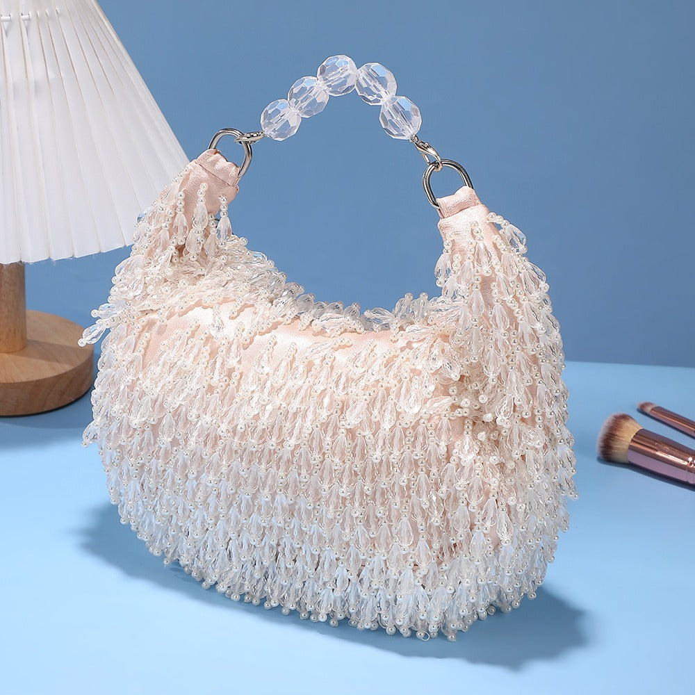 バッグ 華やか クリアビーズ パーティバッグ キラキラ ビーズ刺繍 ビーズ タッセル ビーズタッセル ハンドバッグ ミニバッグ プレゼント かわいい 大人可愛い きれいめ 上品 お洒落 キュート 主役級 存在感 フォーマル 華やか クリア フェミニン デート お出かけ パーティー イベント 女子会 休日 ショッピング カフェ 普段使い 双子 韓国 コーデ スタイル 高見え 格上げ モテ インスタ映え 春 夏 結婚式 披露宴 ホワイト オフホワイト