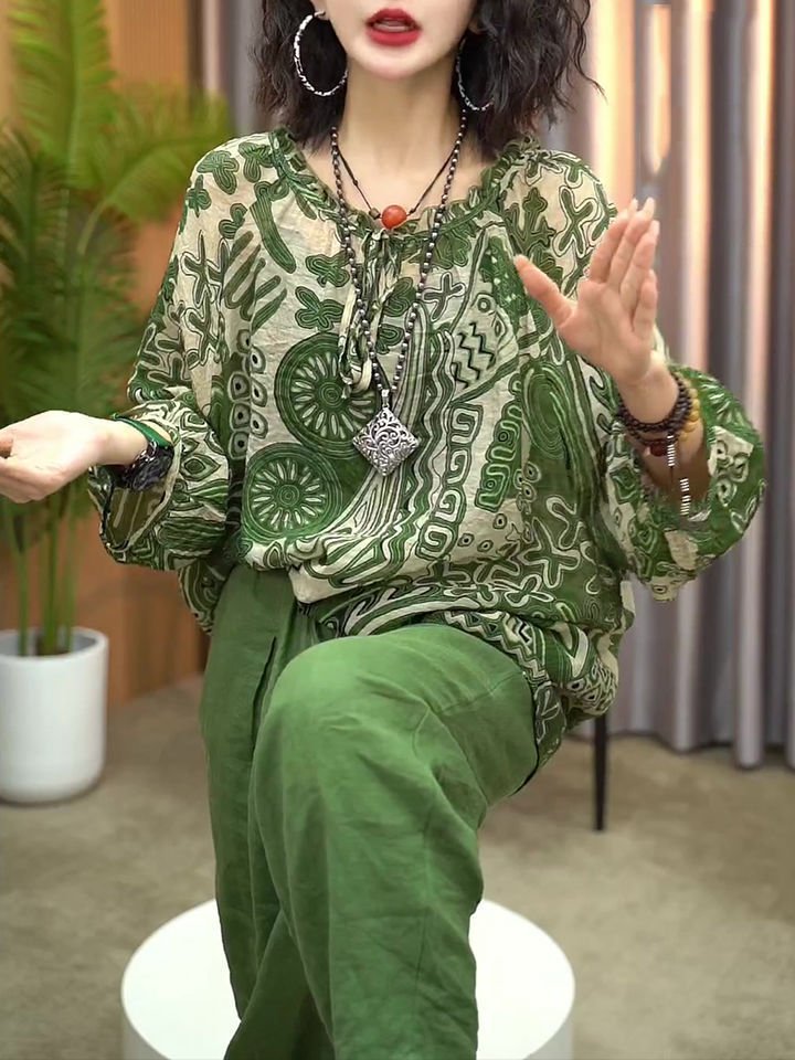 レディース シャツ トップス Tシャツ 長袖 プリント ゆったり 春夏 きれいめ 通勤 体型カバー 大きいサイズ 前開き 春 夏 ラウンドネック ママ 上品 シフォン プルオーバー レギュラー