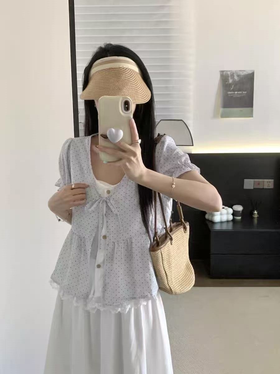レディース シャツ トップス 半袖 ドット柄 アニマル柄 春夏 前開き ミニ Vネック 春 白 夏 レース ロング フリル リボン 薄手 切り替えデザイン レイヤード バルーン フェミニン ボタン ドット