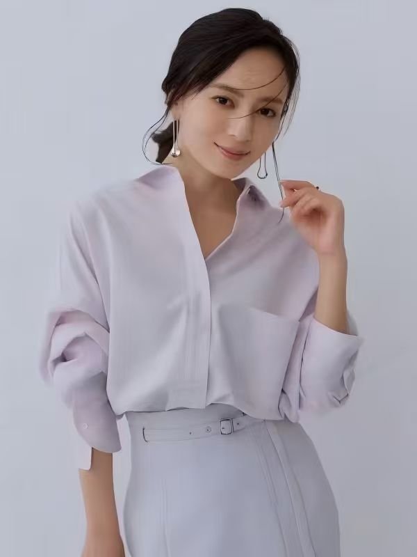 シャツ トップス 長袖 無地 ゆったり 春夏 カジュアル 前開き 春 夏 シンプル 切り替えデザイン 襟付き レギュラー ボタン ポリエステル